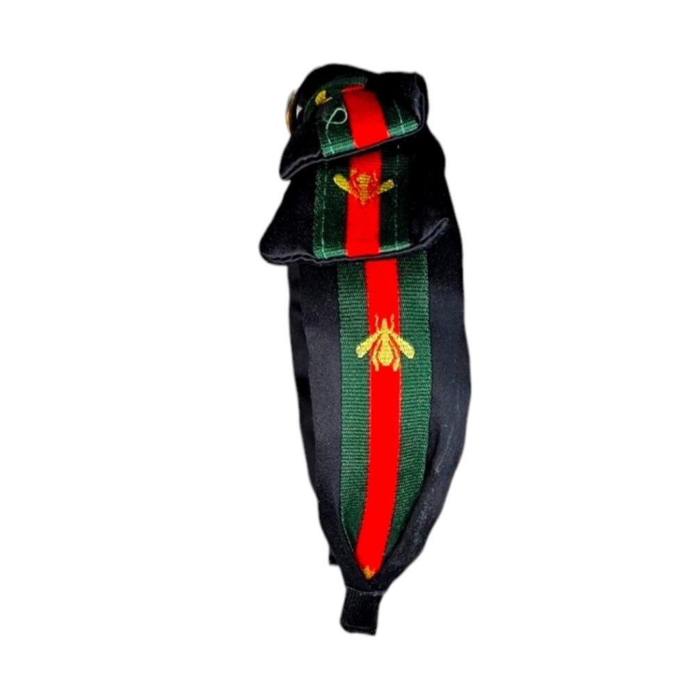 FREE w $25 Purchase Black Satin Bow Hairband Green Red Stripes Gold Bumble Bee